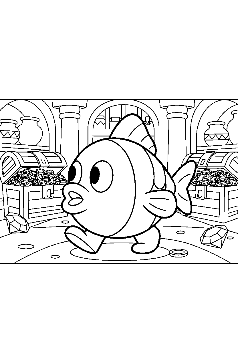 mario cheep cheep walking slowly in treasure room line art