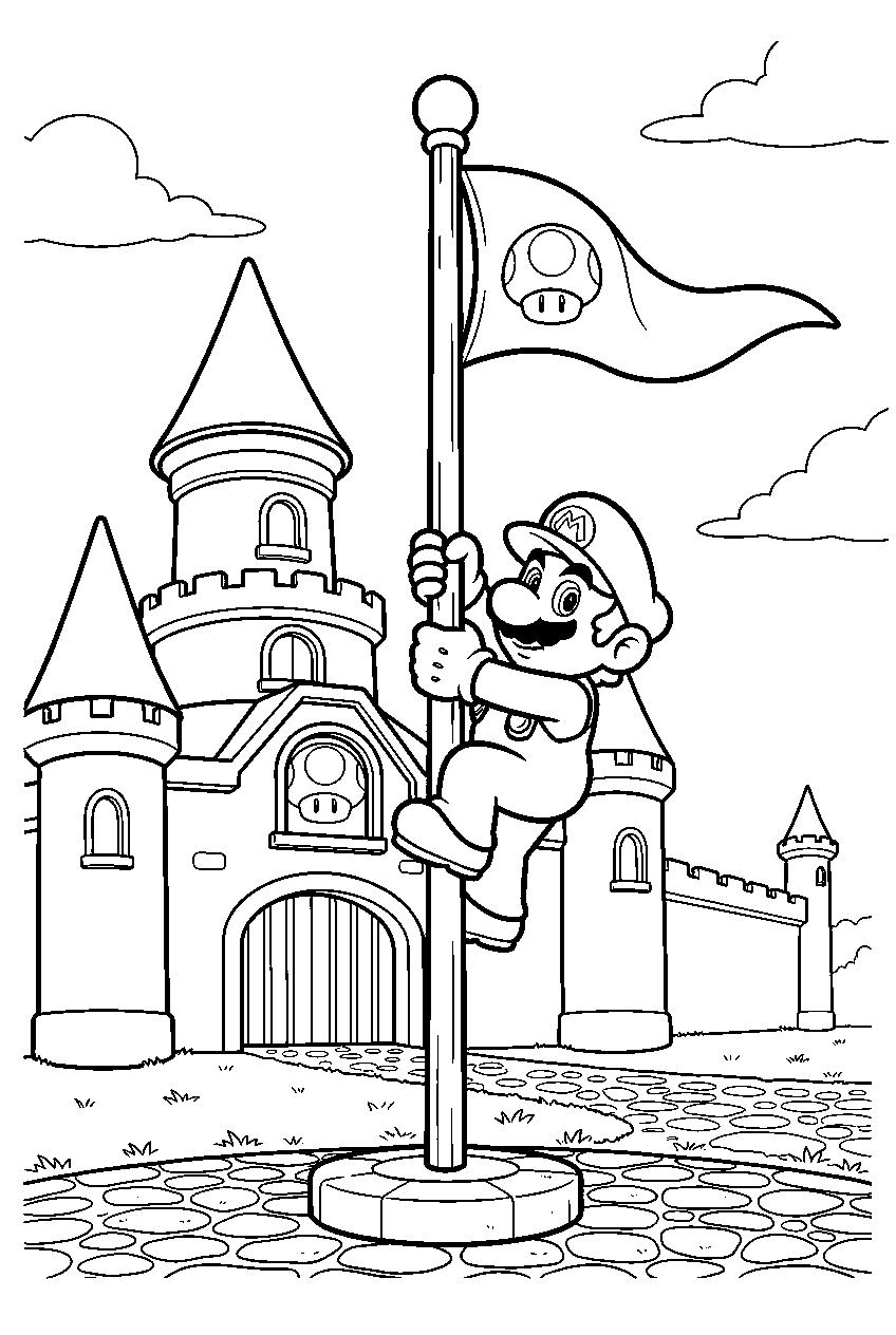 mario climbing a flagpole outside a mushroom kingdom castle line art