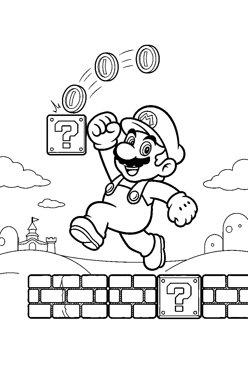 mario collecting coins above brick blocks in the mushroom kingdom line art
