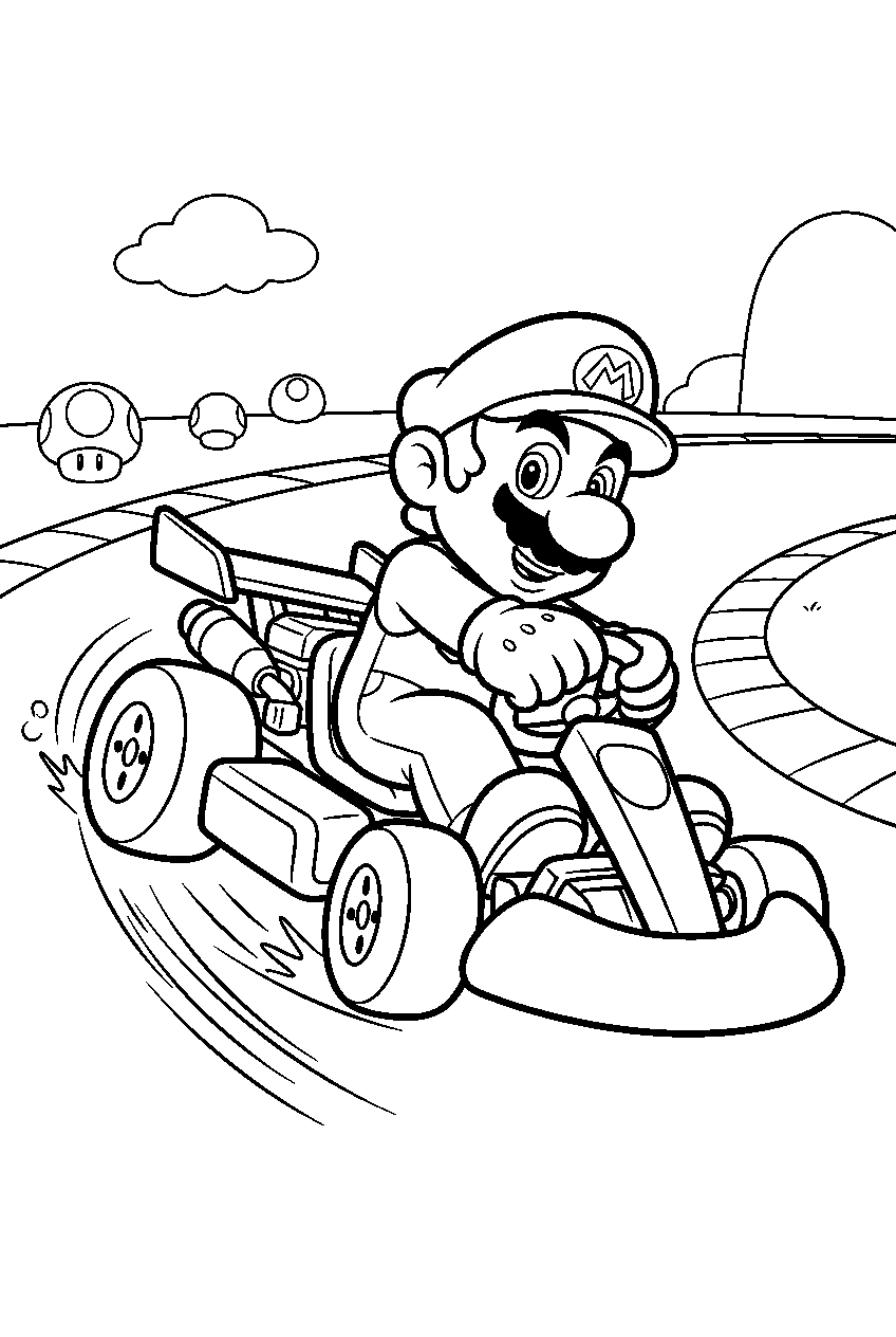 mario drifting around a mushroom cup racetrack in mario kart line art