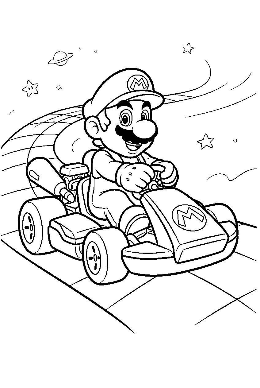 mario driving a race car on rainbow road in mario kart line art