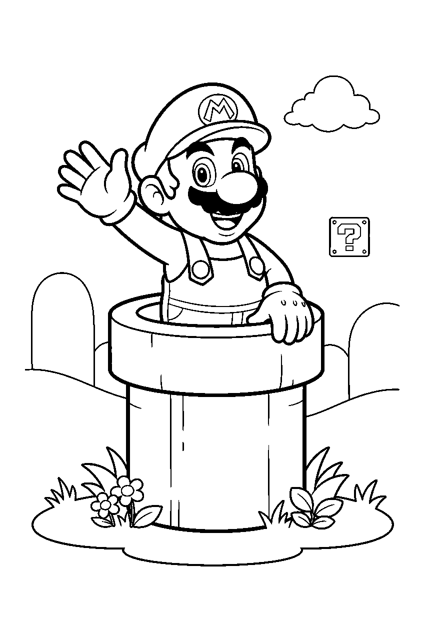 mario emerging from a green pipe in a grassy level line art