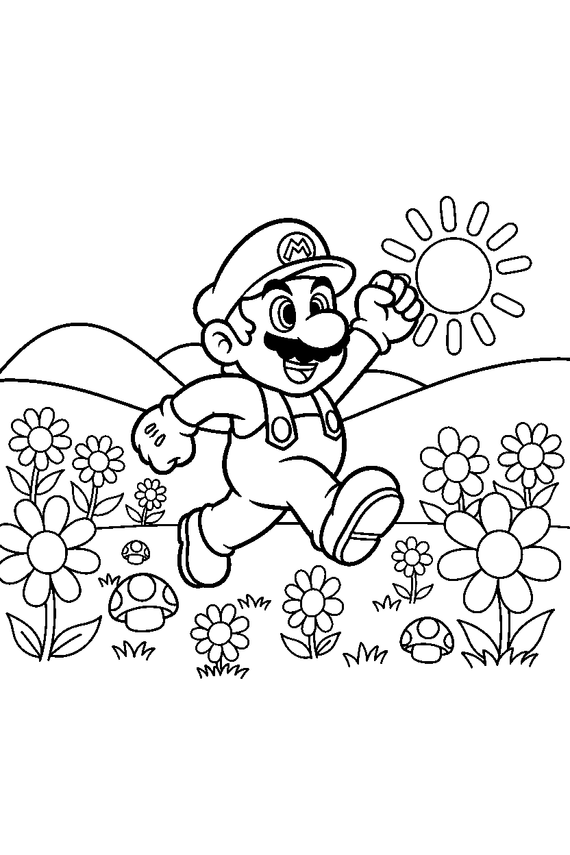 mario exploring happily in a flower field line art