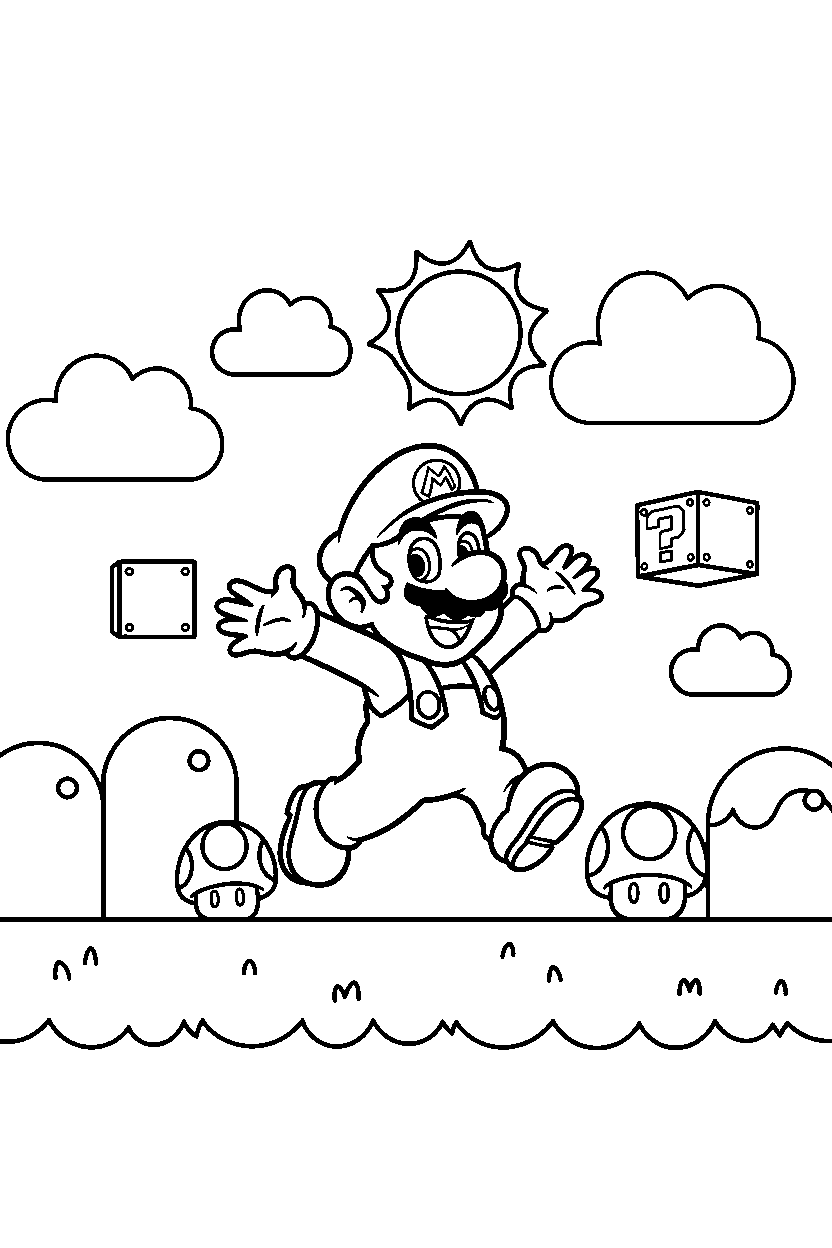 mario exploring happily in a grassy level line art