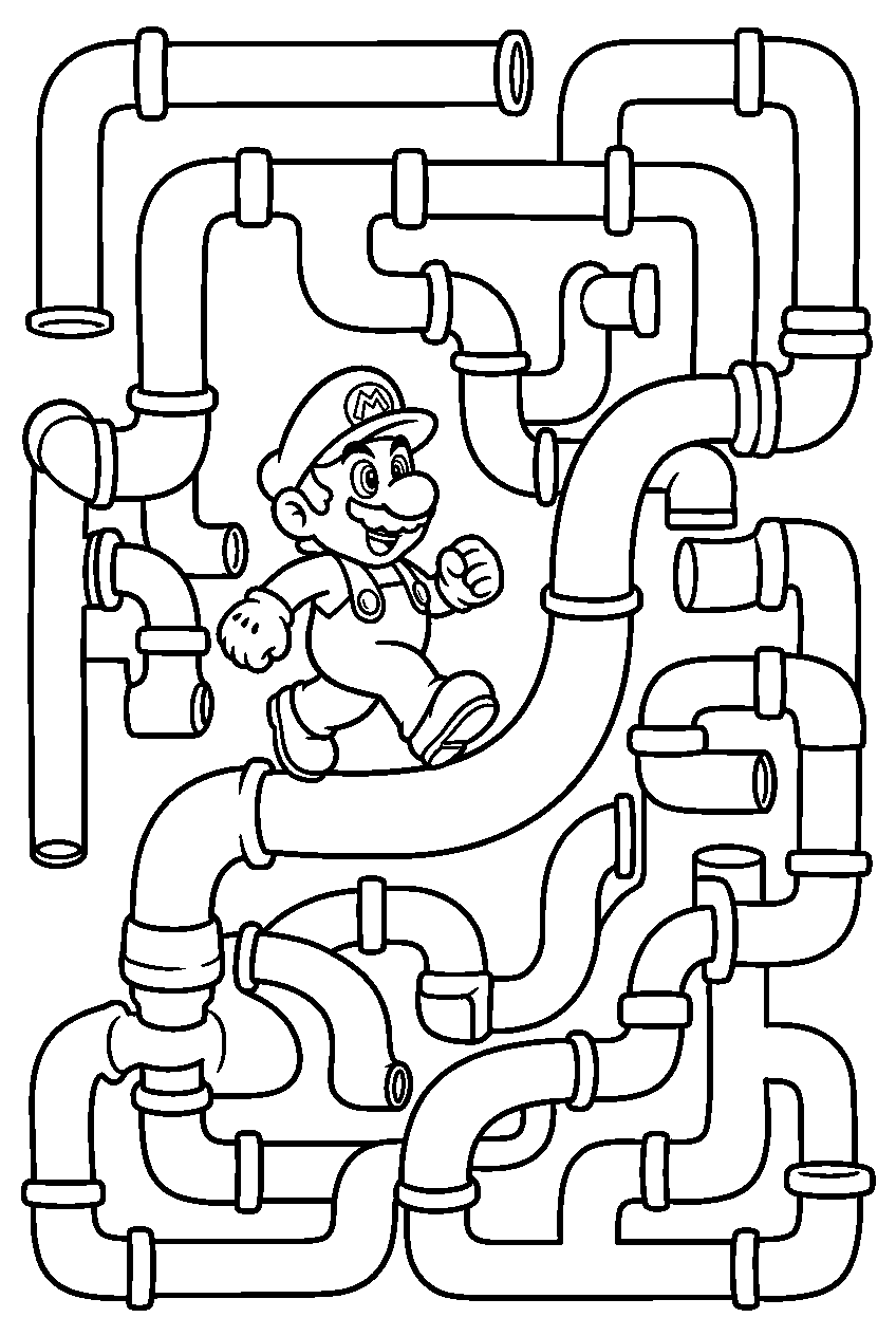 mario exploring in pipe maze line art