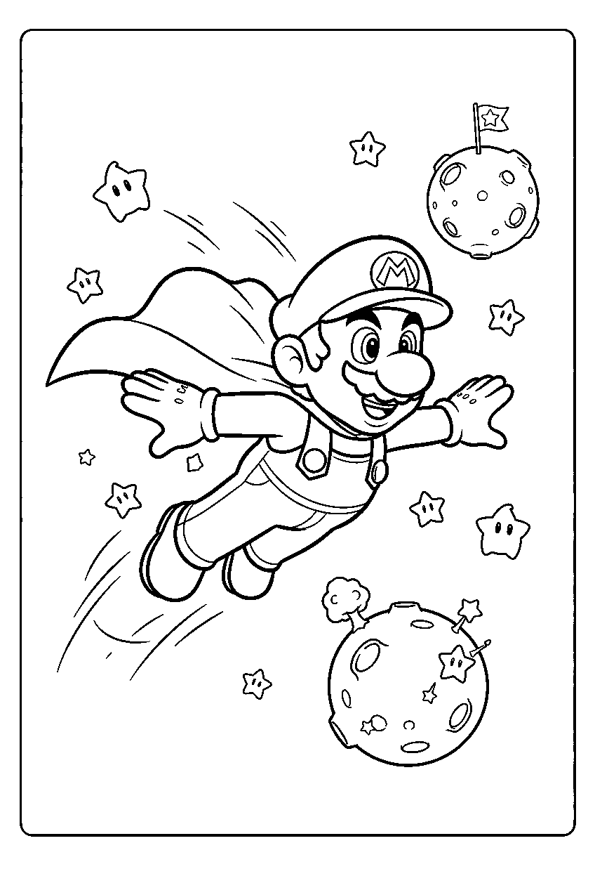 mario flying between tiny planets in super mario galaxy line art