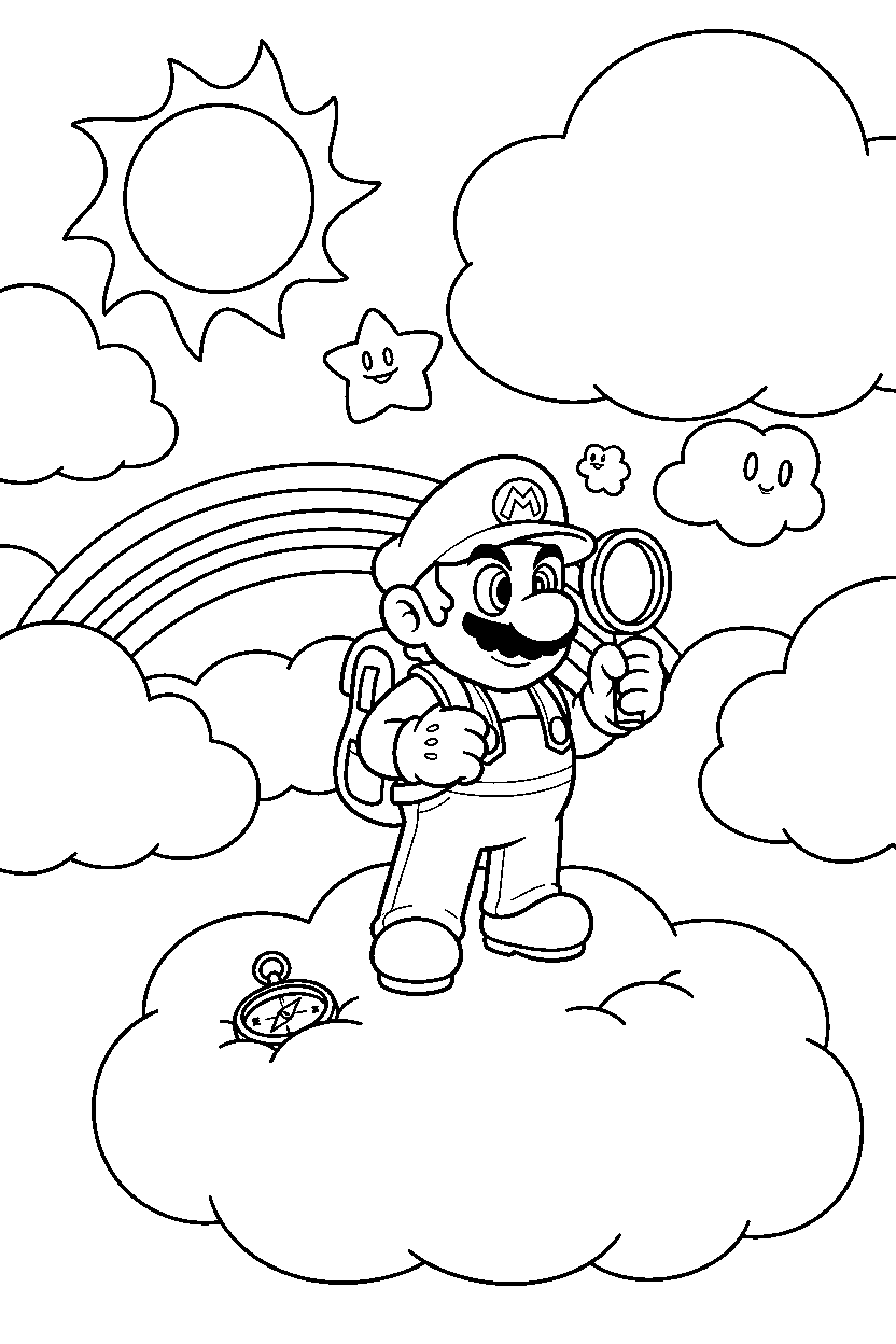 mario getting ready to explore in a cloud world line art