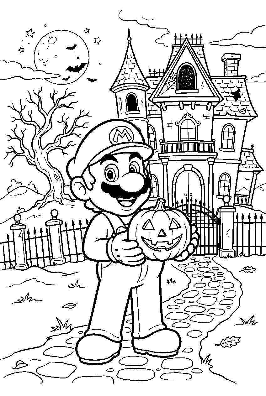 mario holding a jack o lantern near a haunted mansion on halloween line art