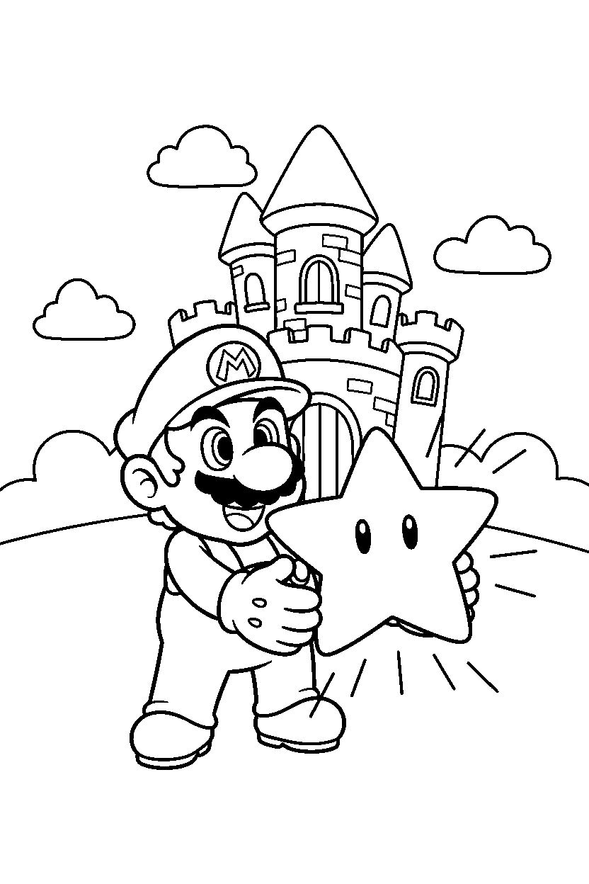 mario holding a power up near a castle line art