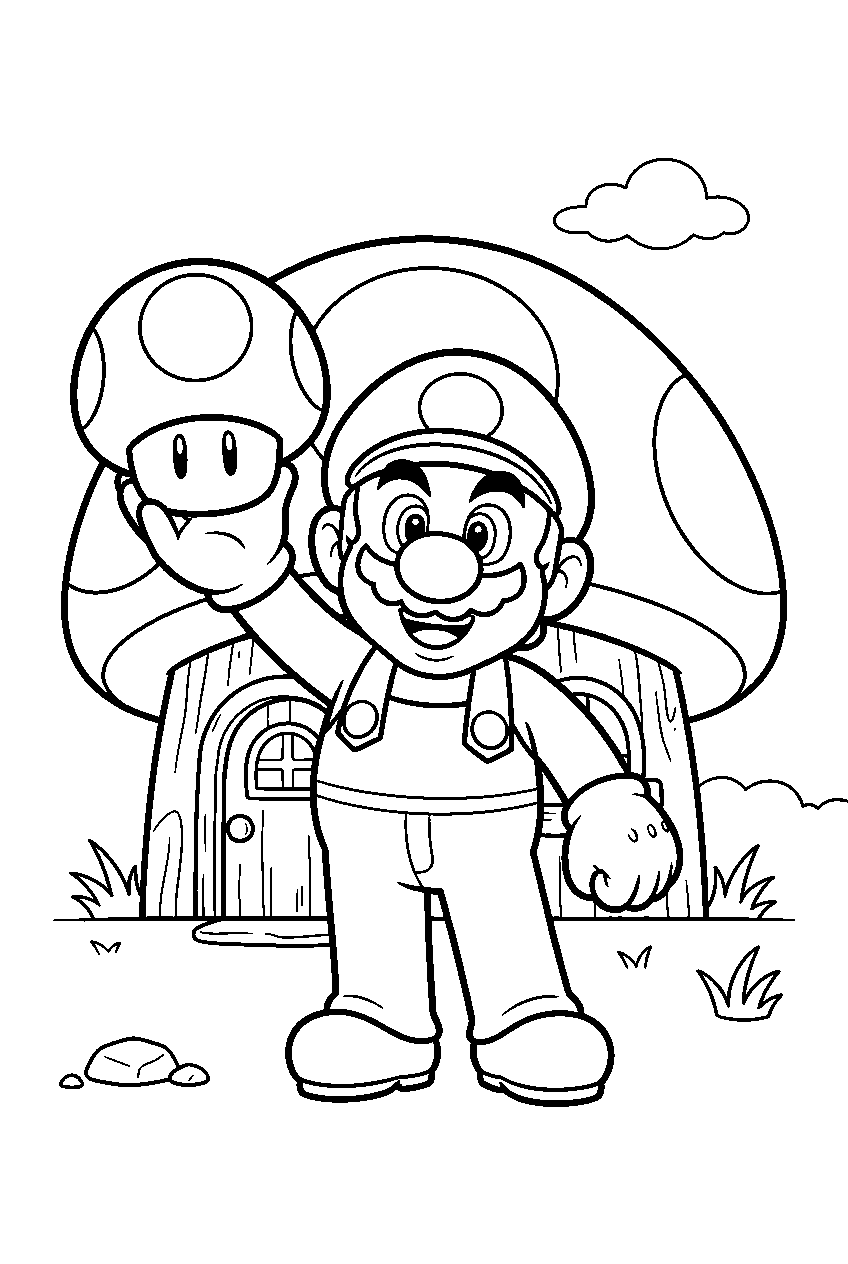 mario holding a super mushroom outside a toad house line art