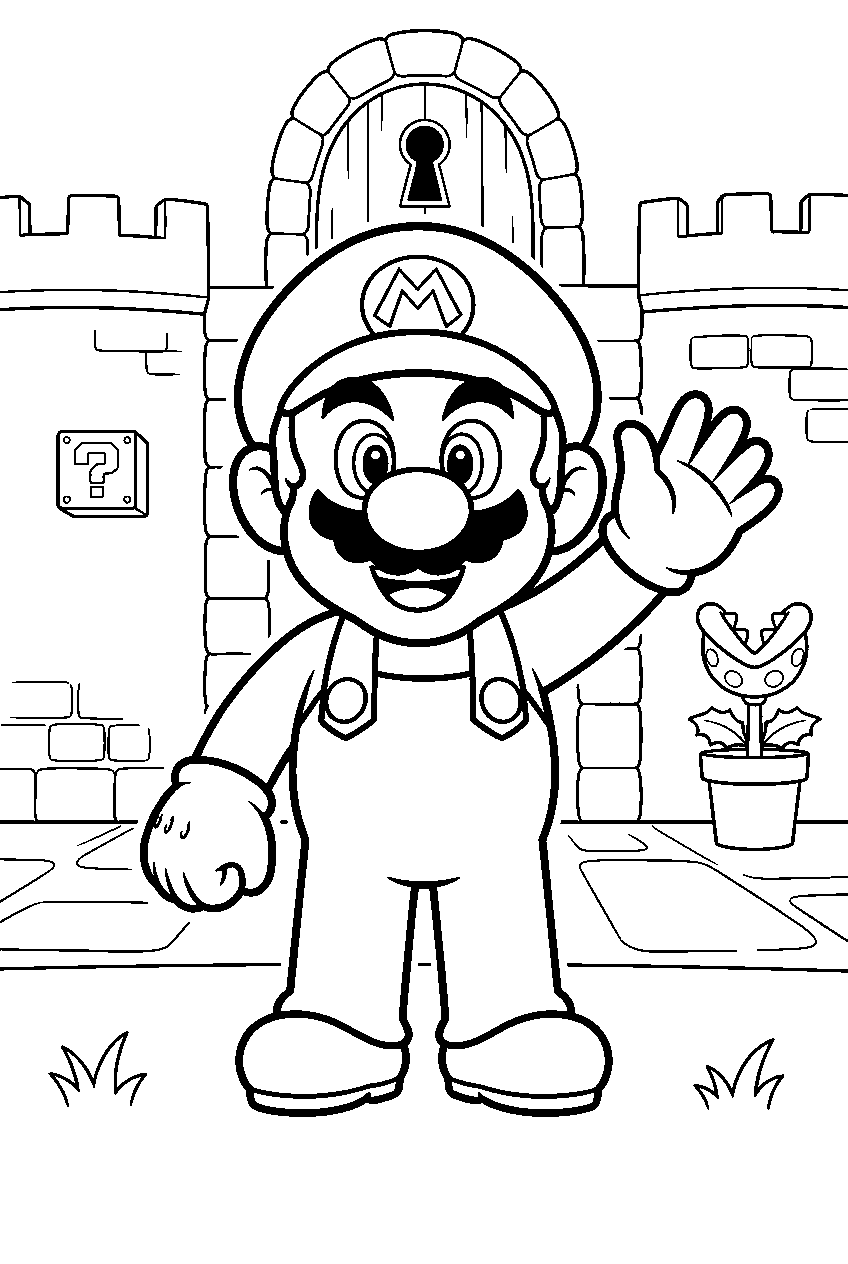 mario in castle courtyard line art