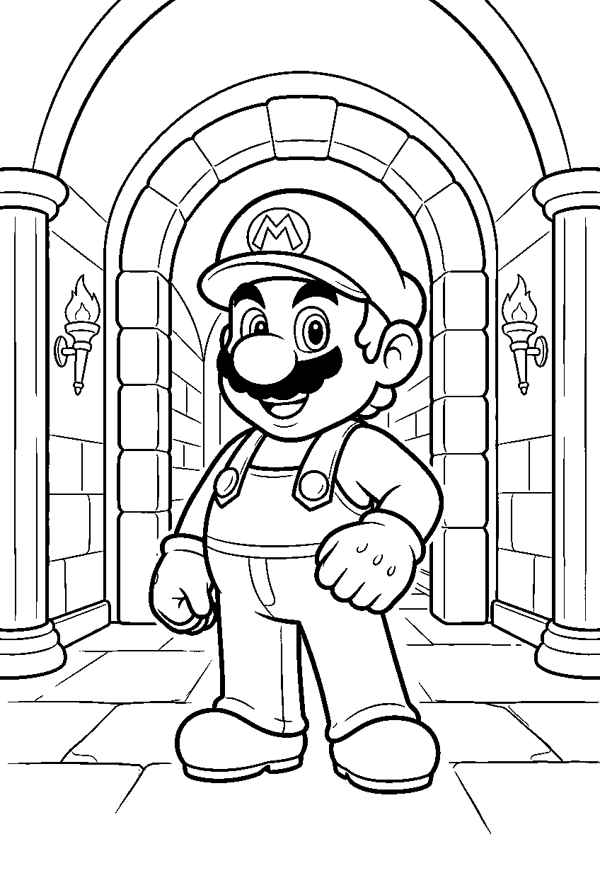 mario in castle hallway line art