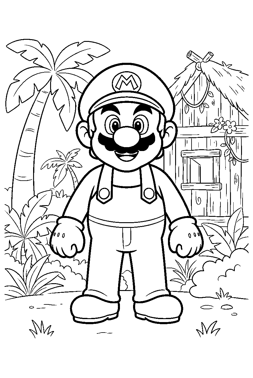 mario in jungle village line art