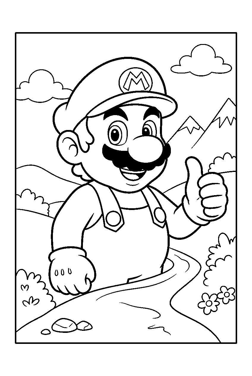 mario in mountain trail line art