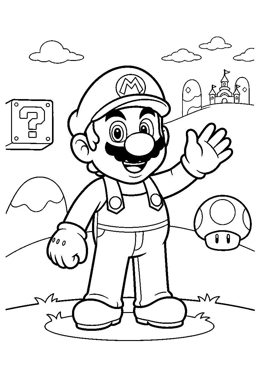 mario in mushroom kingdom line art