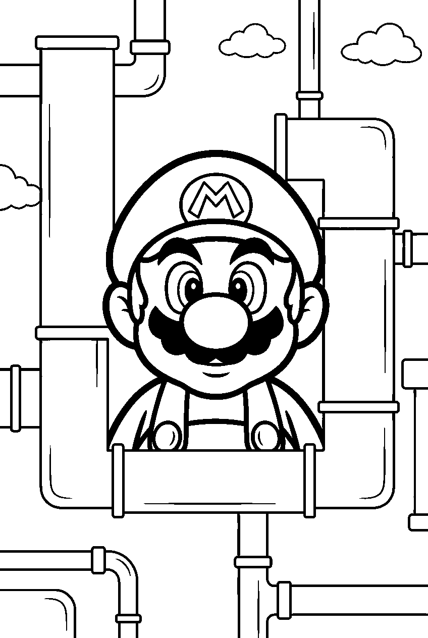 mario in pipe maze line art