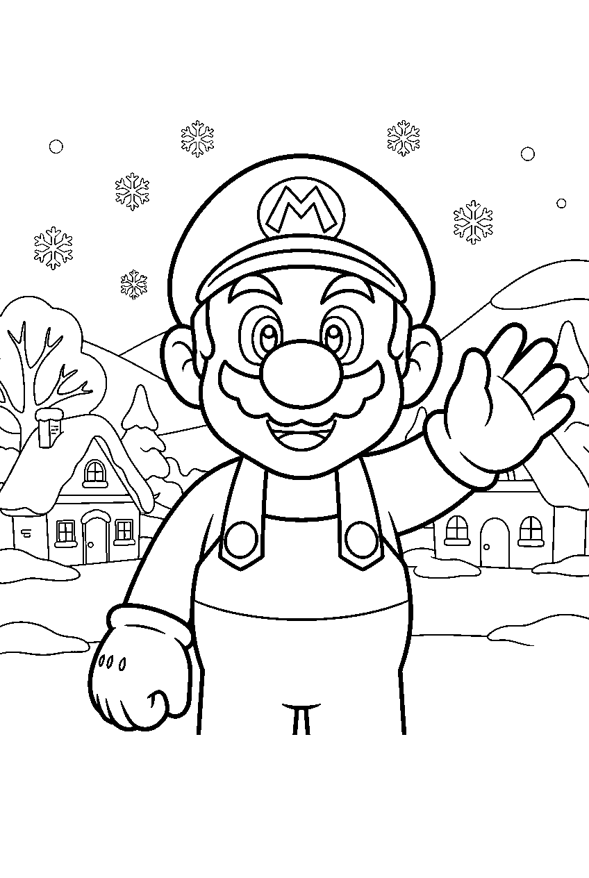 mario in snowy village line art