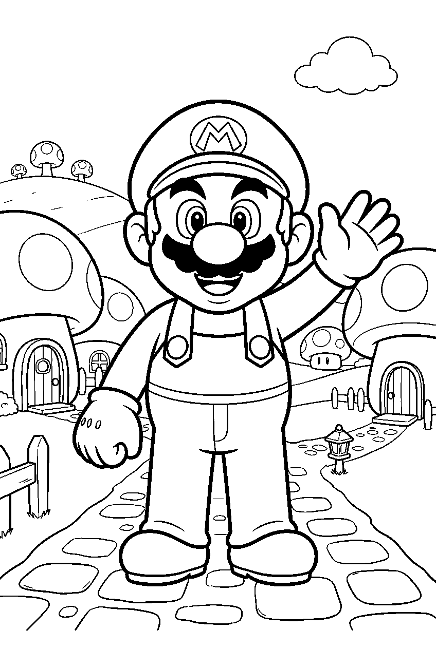mario in toad village line art