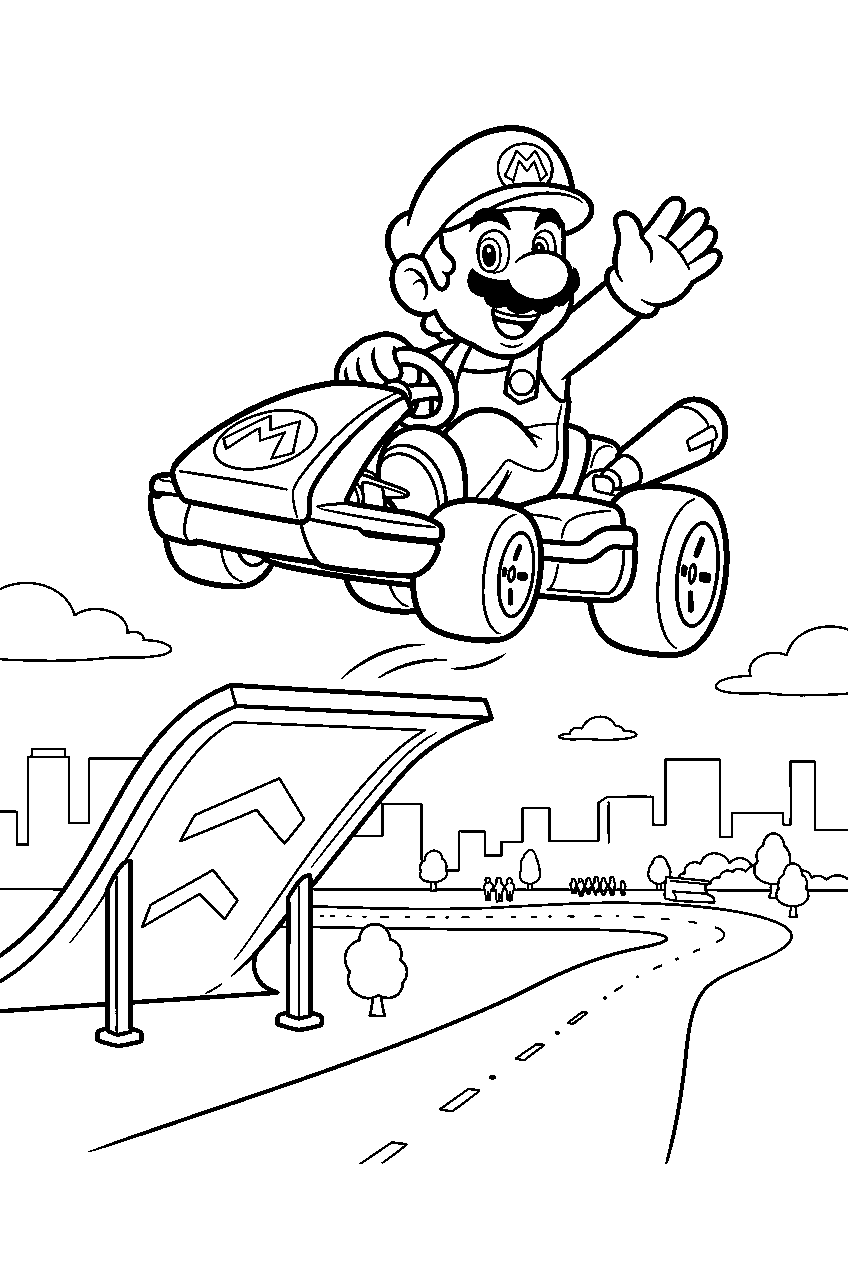 mario jumping from a ramp above a city track in mario kart line art