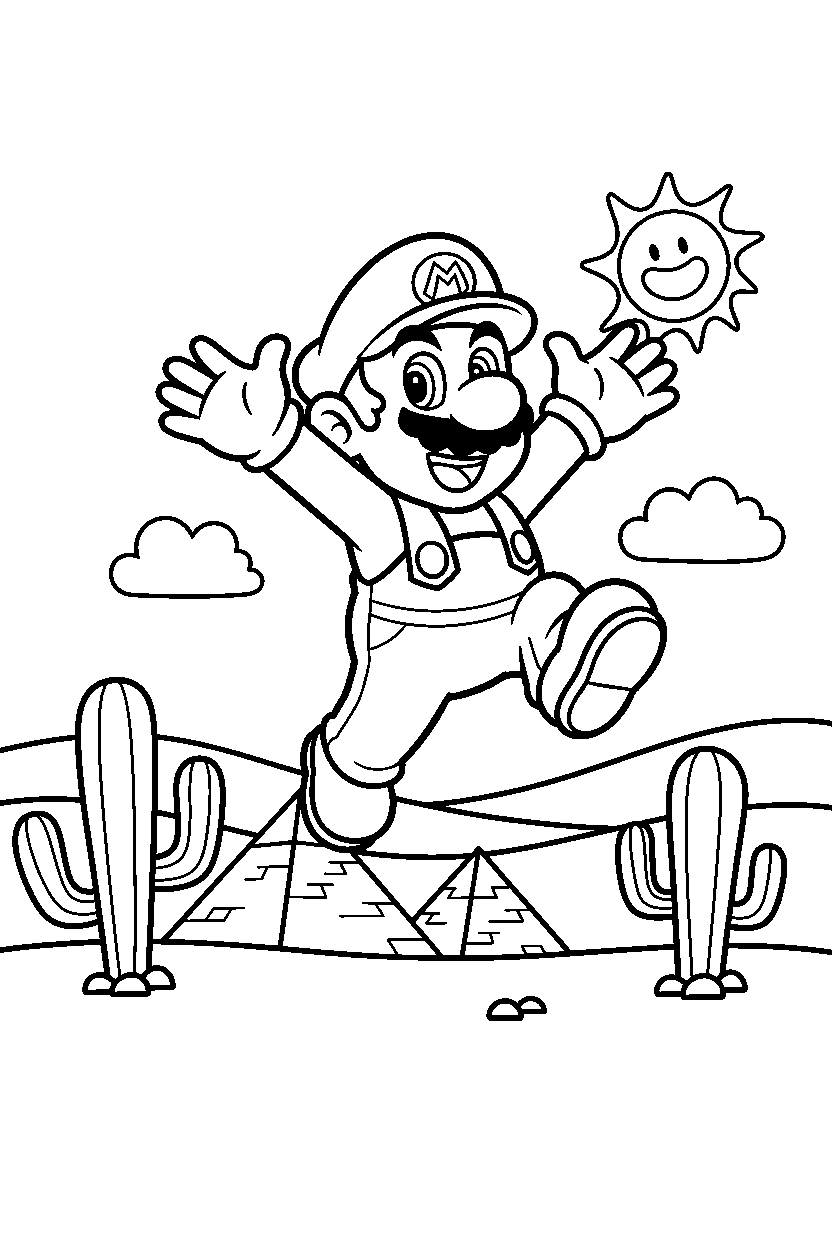 mario jumping happily in a desert level line art