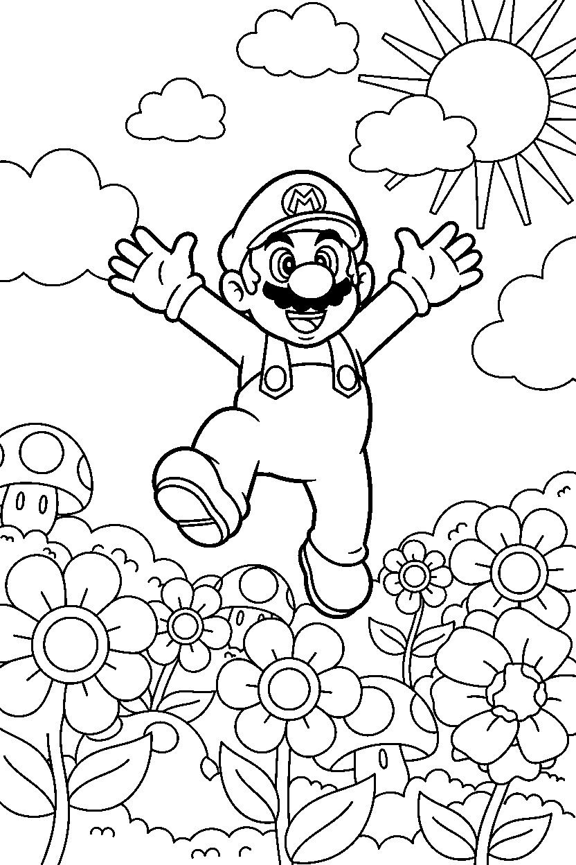 mario jumping happily in a flower field line art