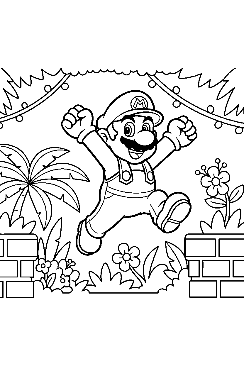 mario jumping happily in a jungle level line art