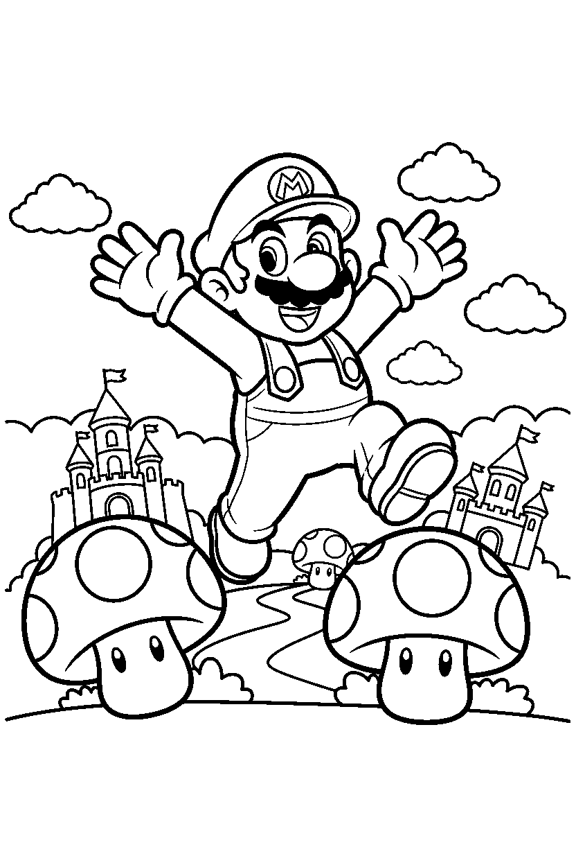 mario jumping happily in the mushroom kingdom line art