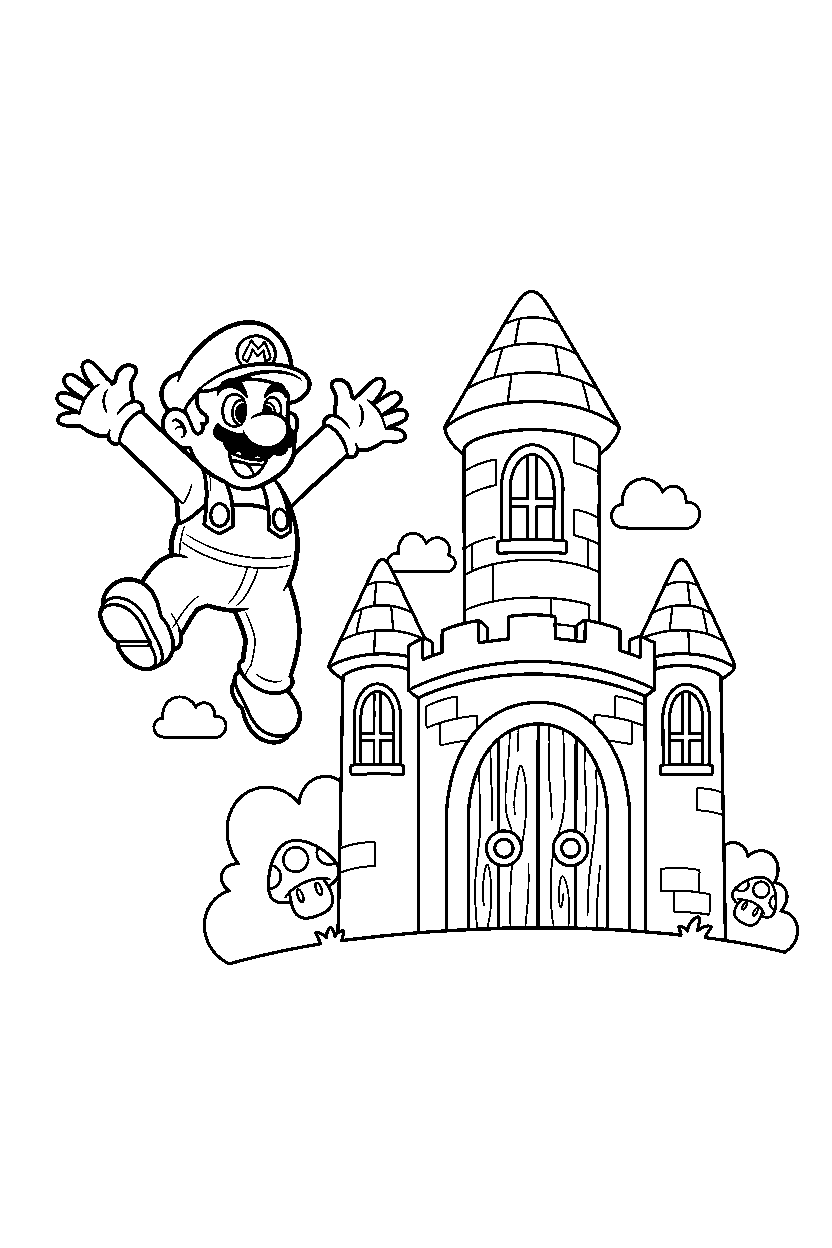 mario jumping happily near a castle line art