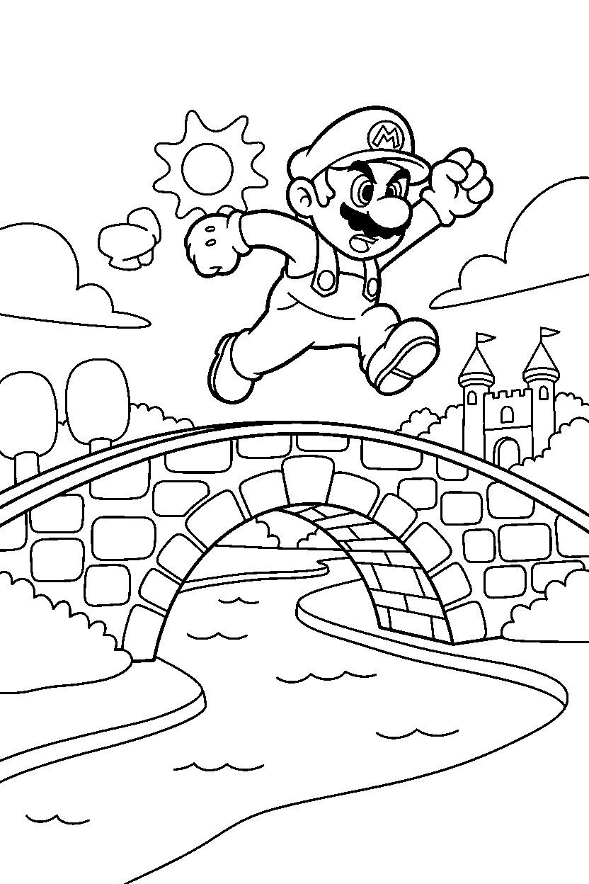 mario jumping on stone bridge line art
