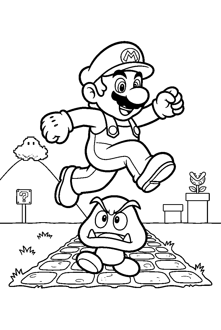 mario jumping over a goomba on a mushroom kingdom path line art