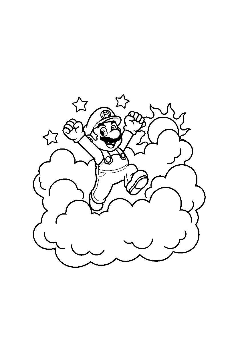 mario jumping with joy in a cloud world line art