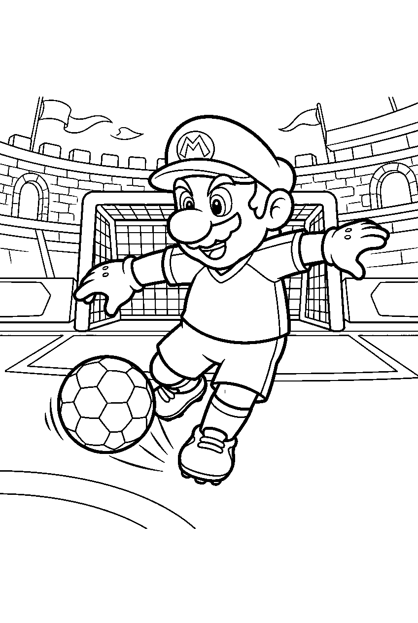 mario kicking a soccer ball inside a mario strikers stadium line art