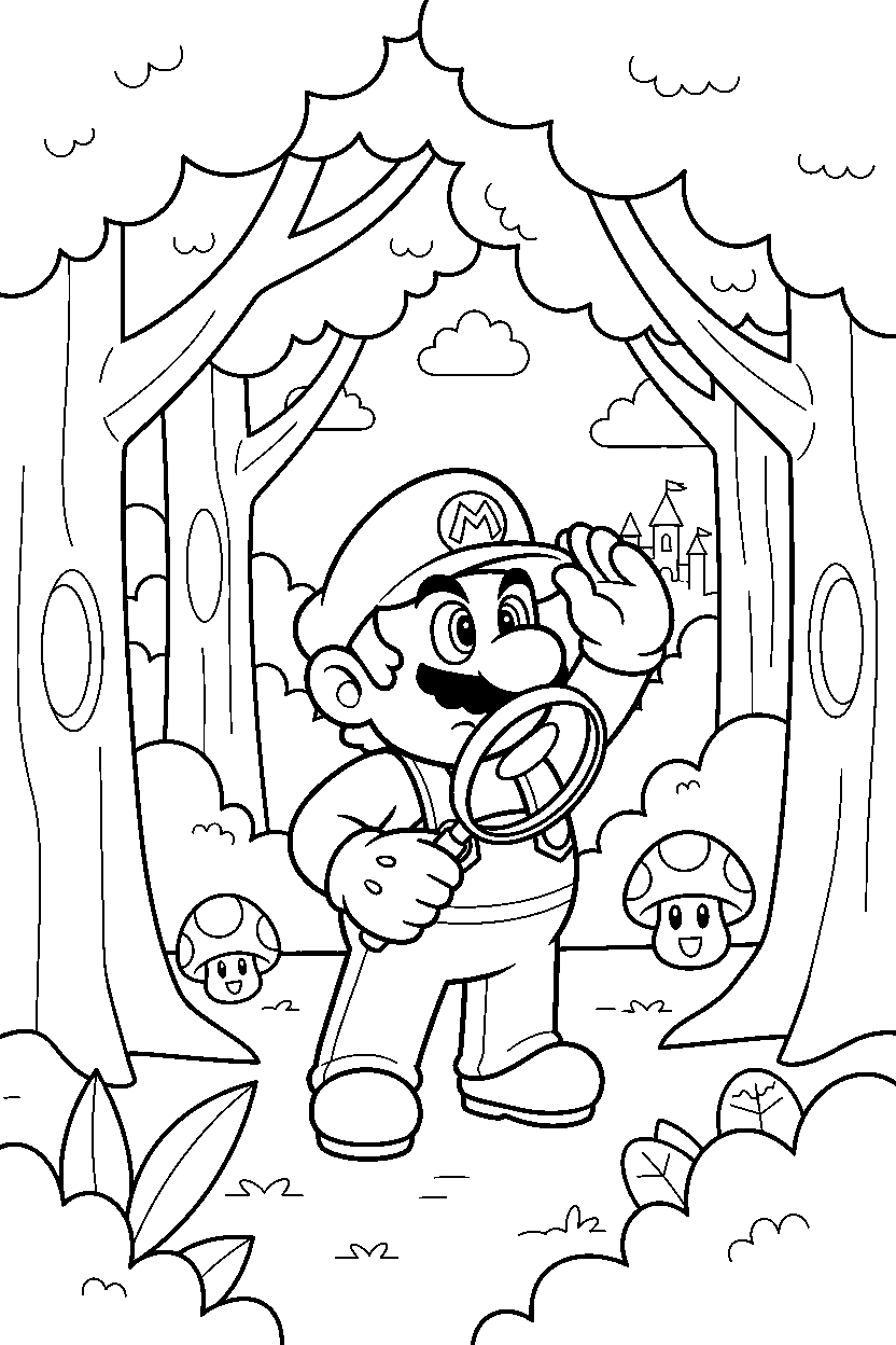 mario looking around in trees line art