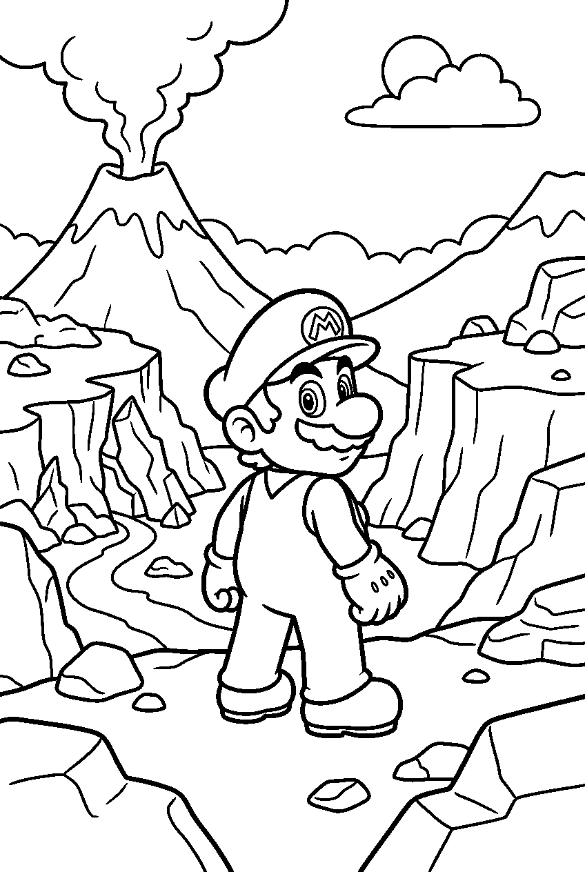 mario looking around in volcanic valley line art