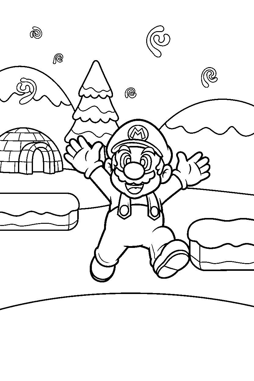mario looking excited in a snowy level line art