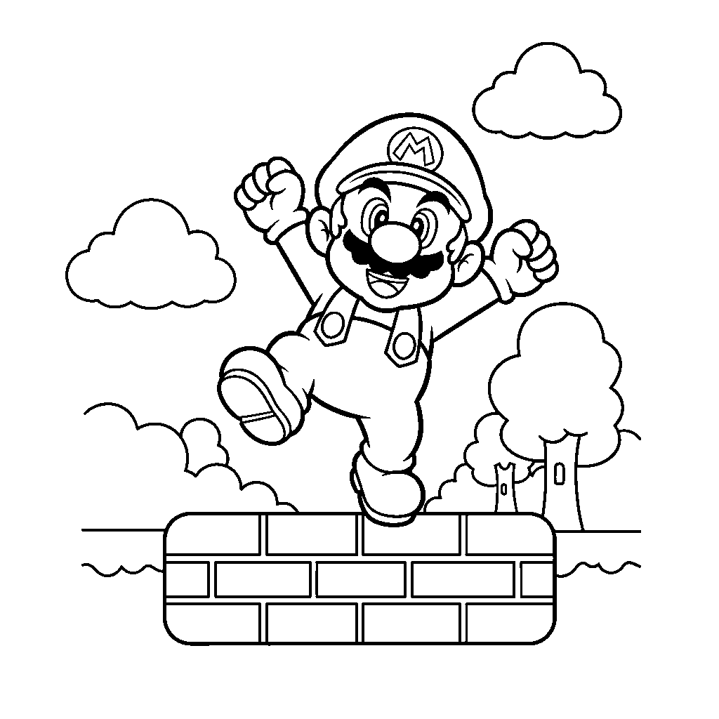 mario looking excited on a brick platform line art