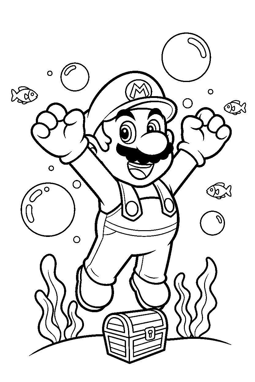 mario looking excited underwater line art