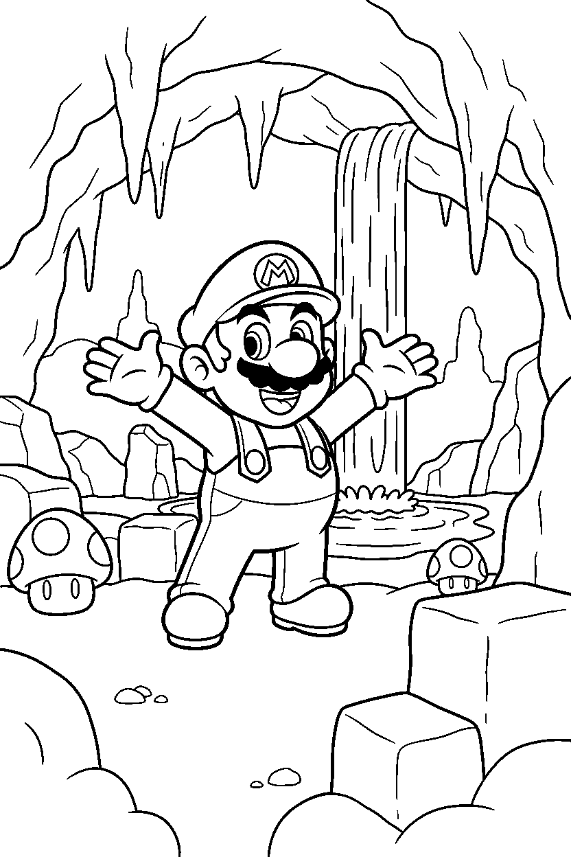 mario looking happy in a cave level line art