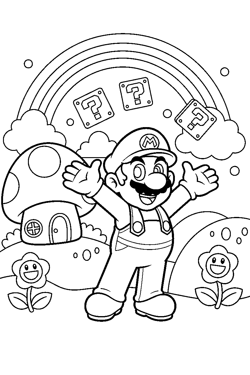 mario looking happy in a colorful world line art