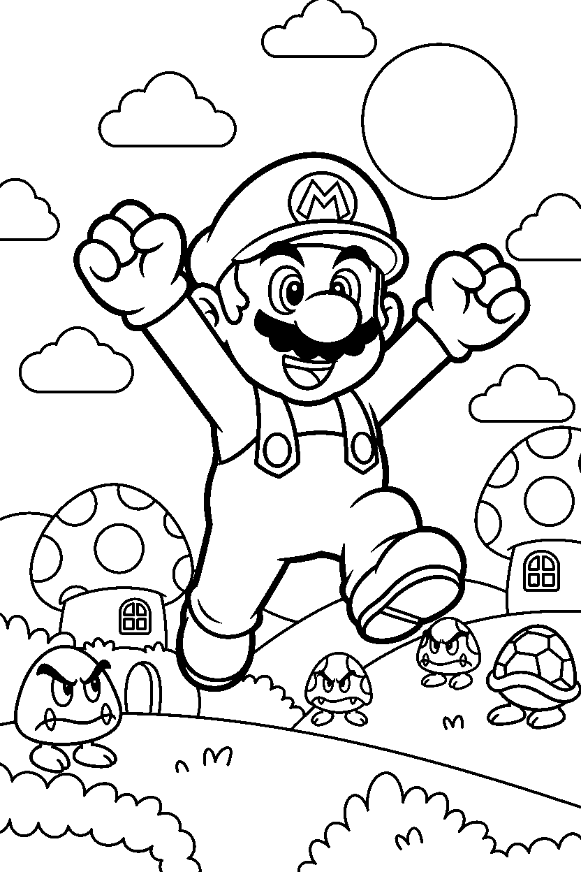 mario looking happy in the mushroom kingdom line art