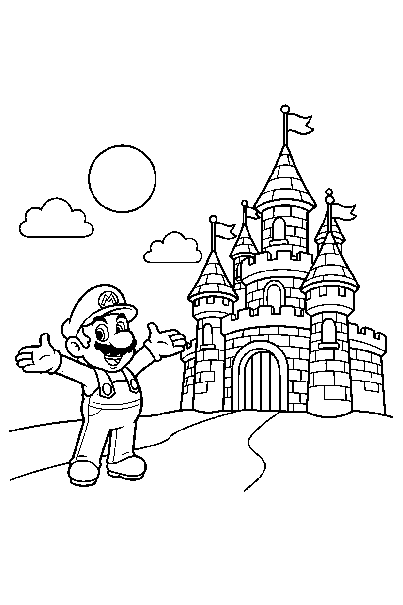 mario looking happy near a castle line art