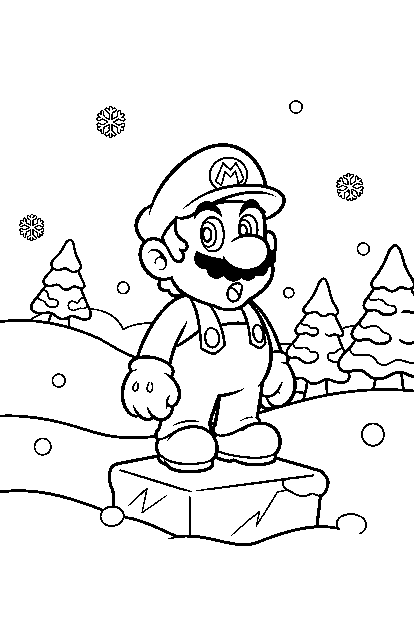 mario looking surprised in a snowy level line art