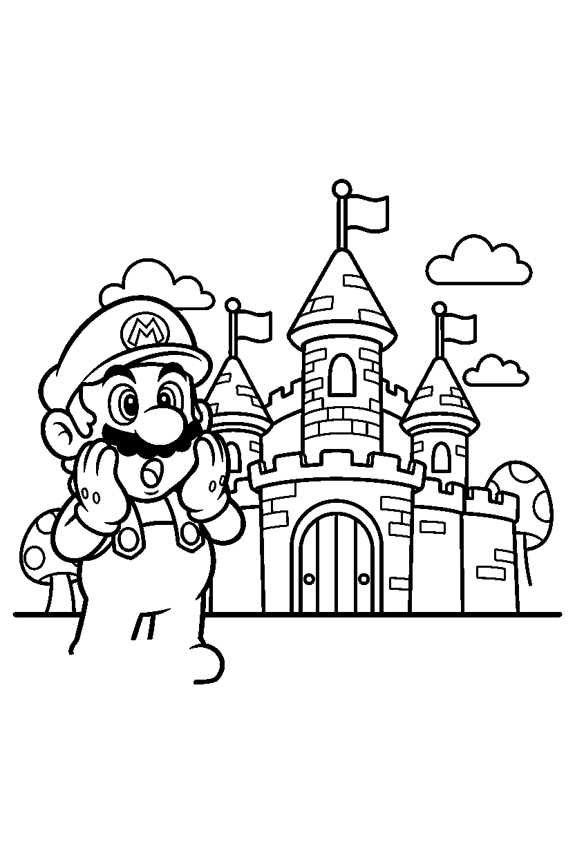 mario looking surprised near a castle line art