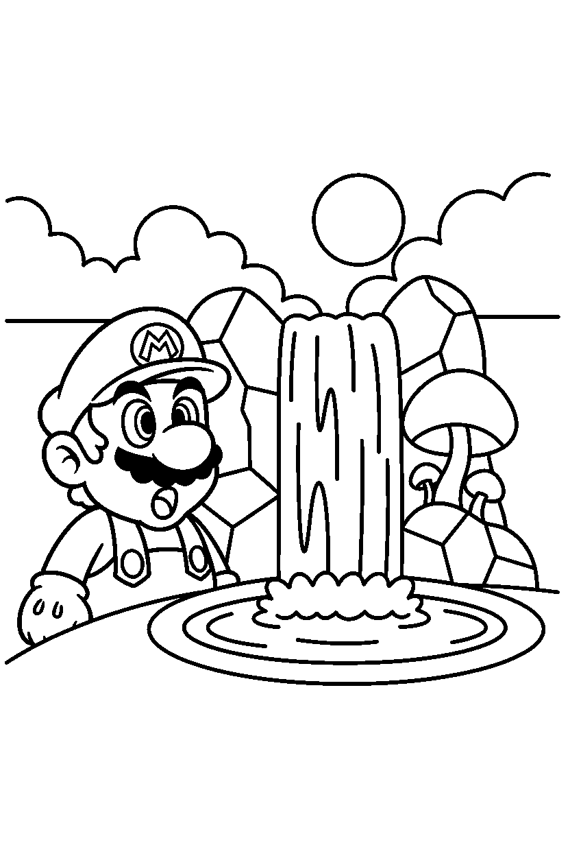 mario looking surprised near a waterfall line art