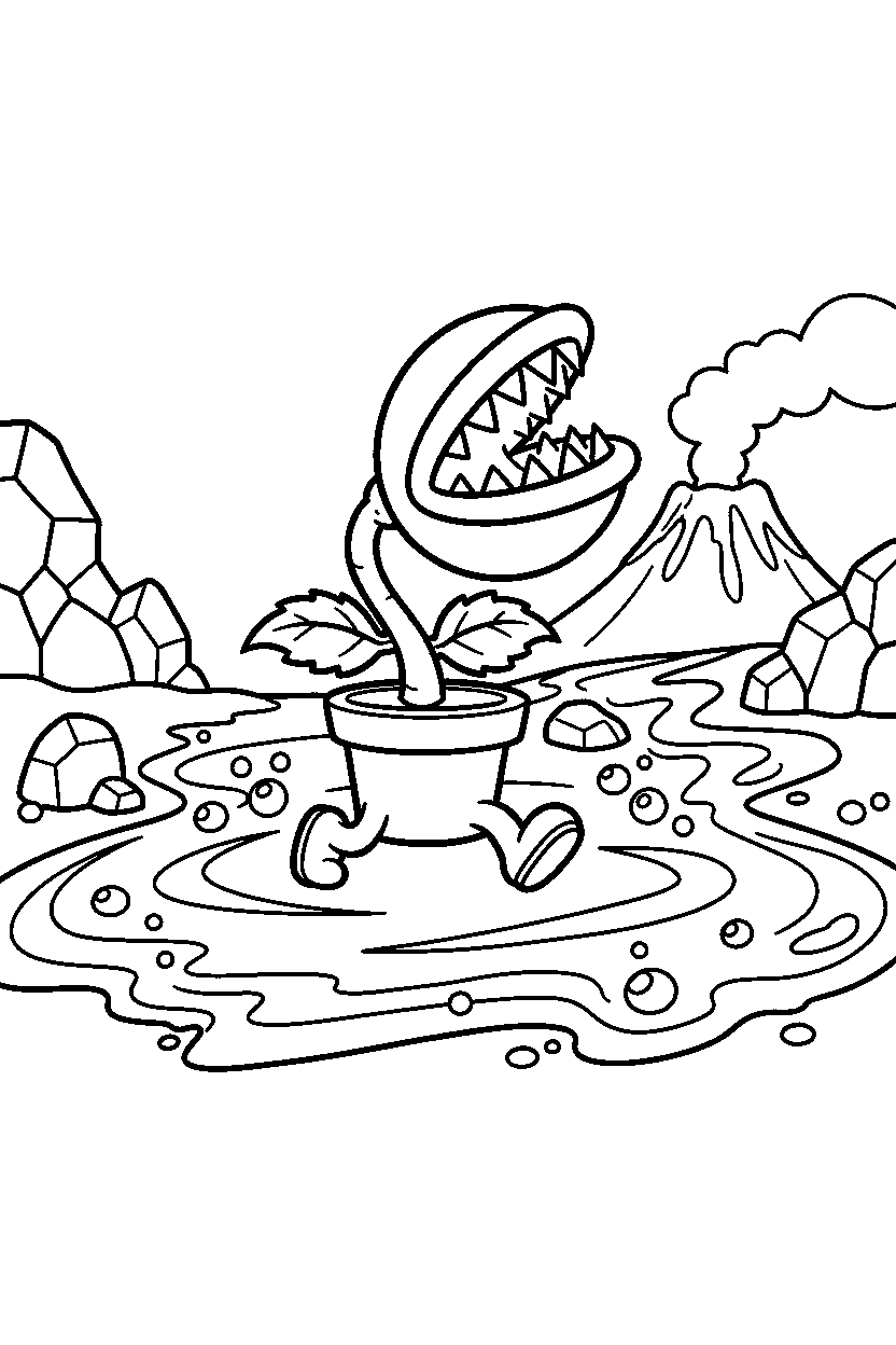 mario piranha plant walking in lava area line art