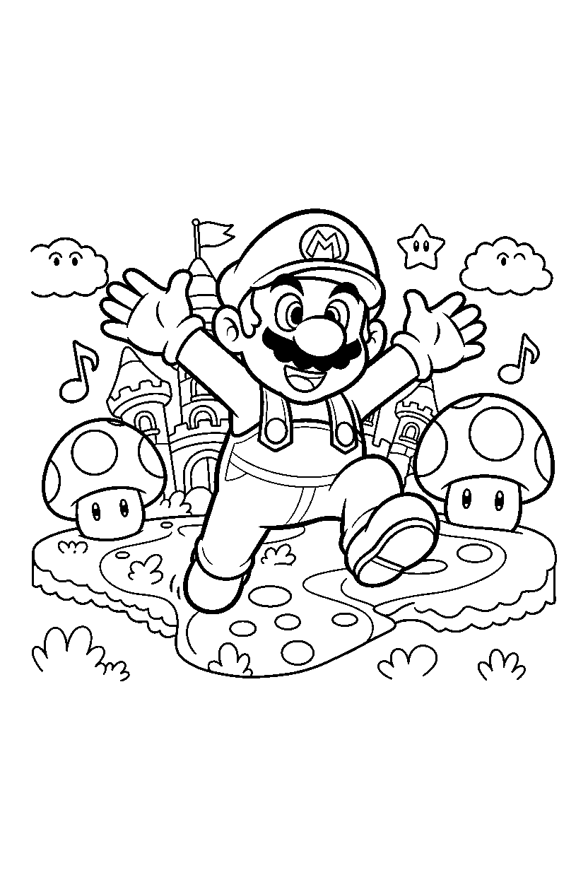 mario playing happily in a magical world line art