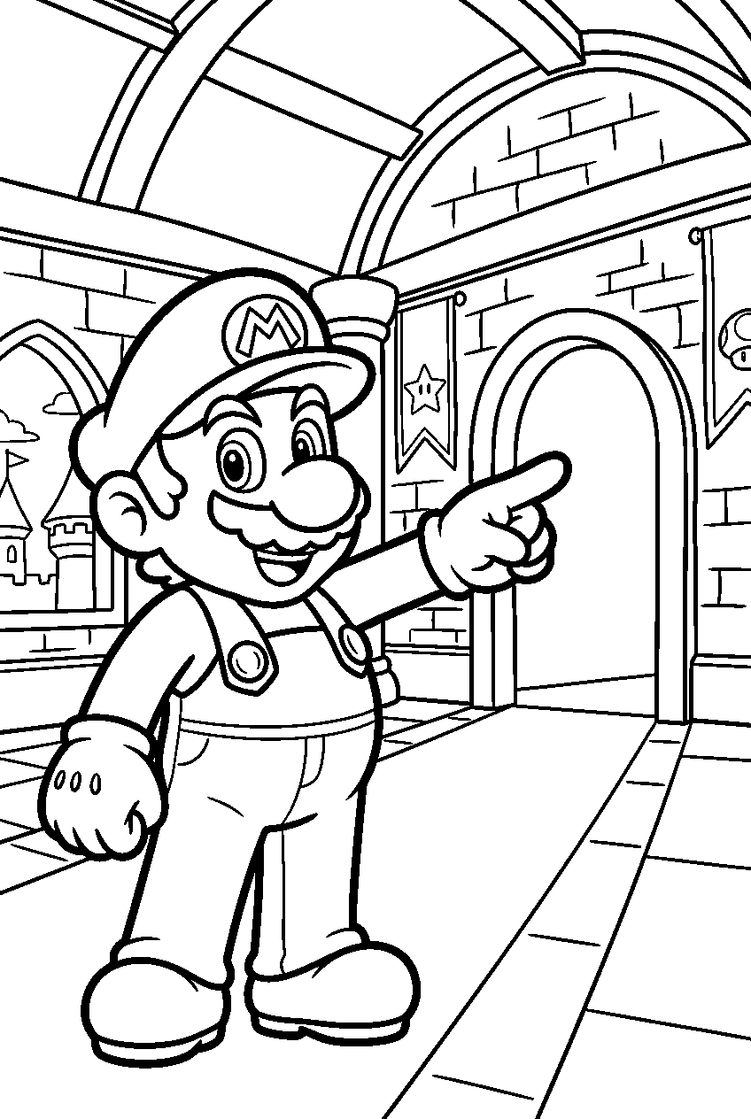 mario pointing in peach s castle line art