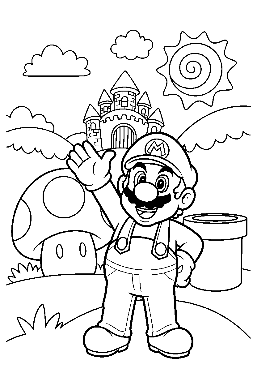 mario posing happily in a bright adventure land line art