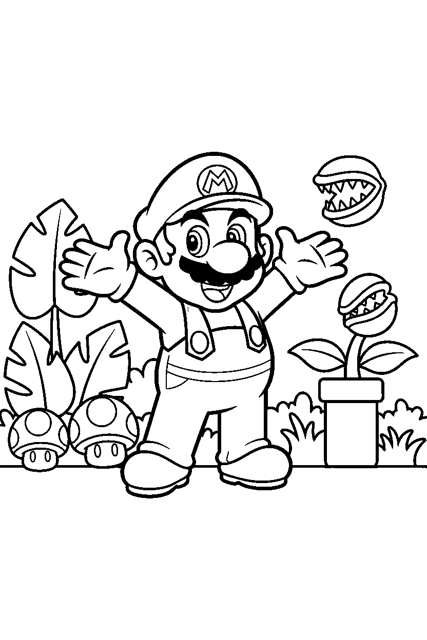 mario posing happily in a jungle level line art