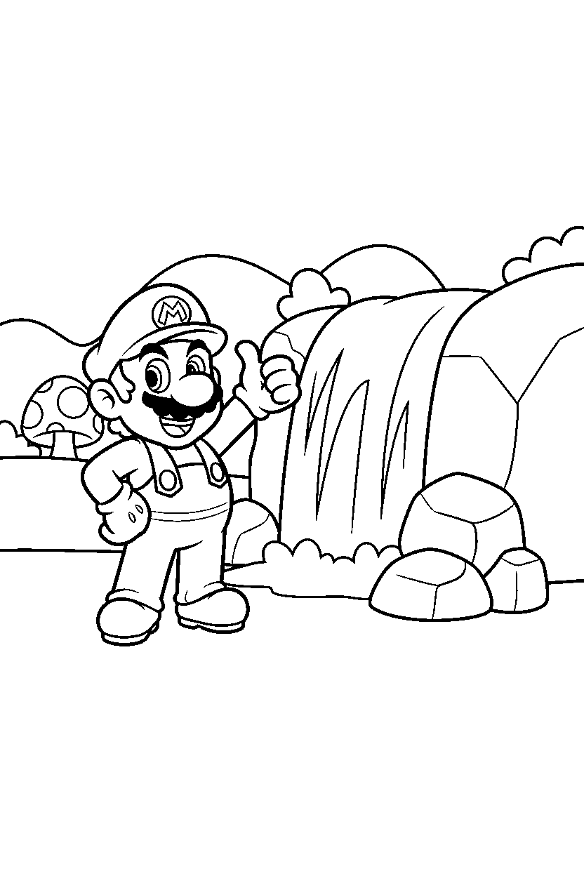 mario posing happily near a waterfall line art